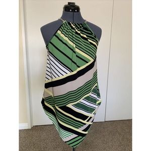 Alfani Halter Chain Neck Stripe V-Hem Tunic Size S Petite Green Black Print
